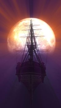 old ship in sea full moon illustration 3d rendering