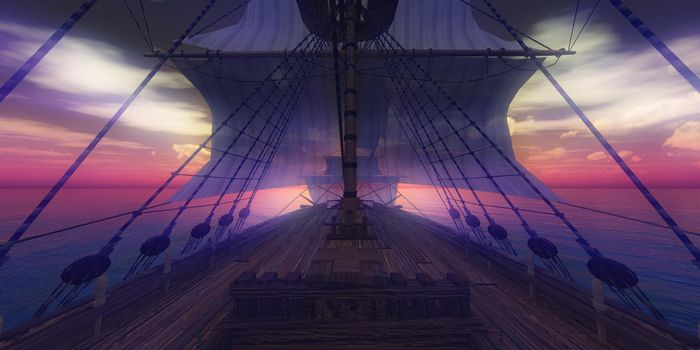 old ship sunset at sea 3d rendering illustration