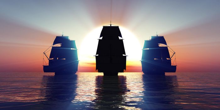 old three ships sunset at sea, 3d rendering illustration