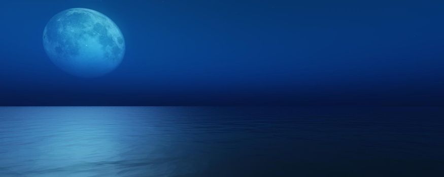 full moon in the sky background reflection in the sea ocean water. 3D render illustration