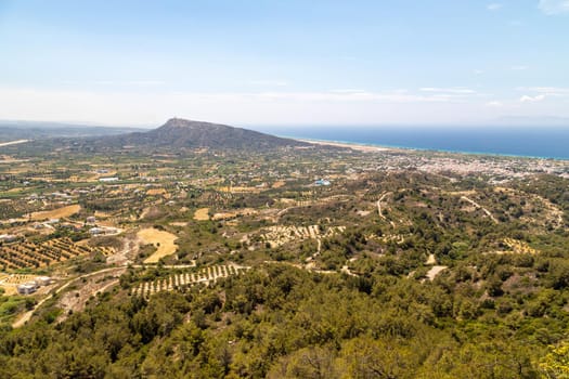 Panoramic view from the hill Filerimos southwest of the capital Rhodes on the aegean sea on Greek island Rhodes