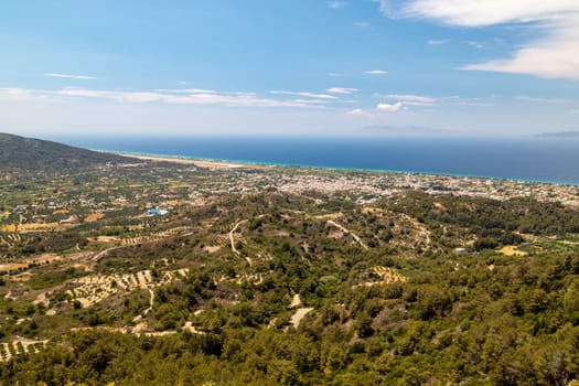 Panoramic view from the hill Filerimos southwest of the capital Rhodes on the aegean sea on Greek island Rhodes