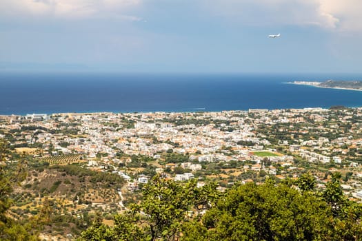 Panoramic view from the hill Filerimos southwest of the capital Rhodes on the aegean sea on Greek island Rhodes