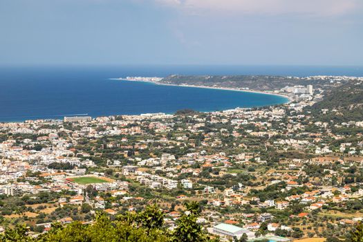 Panoramic view from the hill Filerimos southwest of the capital Rhodes on the aegean sea on Greek island Rhodes