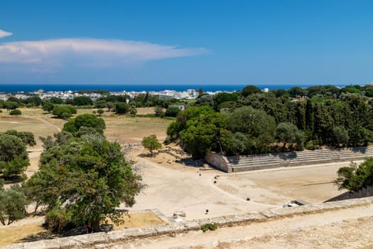 View from Mount Smith at the capital city Rhodes and the aegean sea in the background Rhodes island, Greece