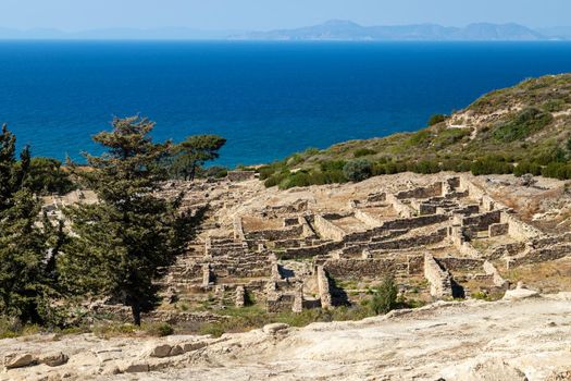 View from excavation site of the ancient city of Kamiros at the westside of Rhodes island, Greece on the aegaen sea