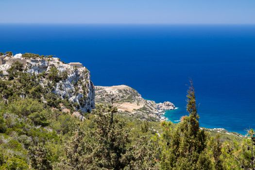 Panoramic view at landscape and rocky coastline near Monolithos on Greek island Rhodes with the aegaen sea in the background