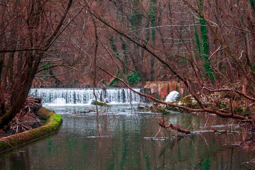 A waterfall seen from a distance among trees and branches