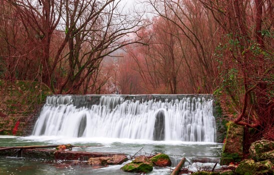 A waterfall that flows surrounded by trees