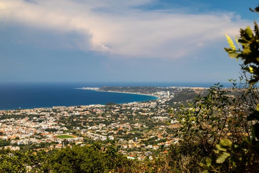 Panoramic view from the hill Filerimos southwest of the capital Rhodes on the aegean sea on Greek island Rhodes