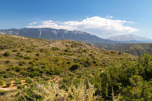 Scenic view at landscape on the westside of Greek island Rhodes with green vegetation in the foreground and mountain range in the background