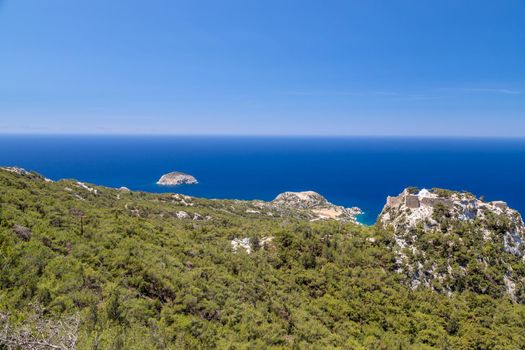 Panoramic view at landscape and rocky coastline near Monolithos on Greek island Rhodes with the aegaen sea in the background