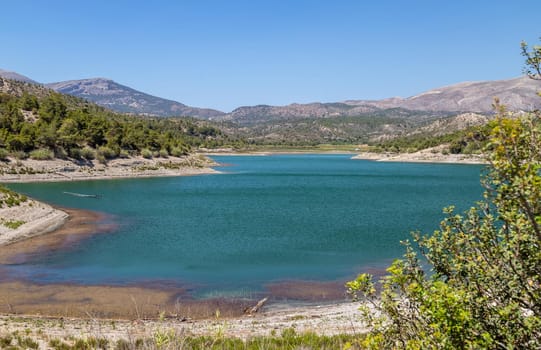 Panoramic view dammed lake Limni Apolakkias at Greek island Rhodes