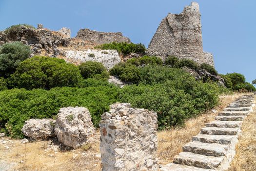 View at the ruin of the castle Asklipio with stone stairs 