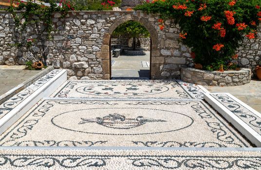 Pebble stone mosaic at Moni Thari monastery on Rhodes island, Greece