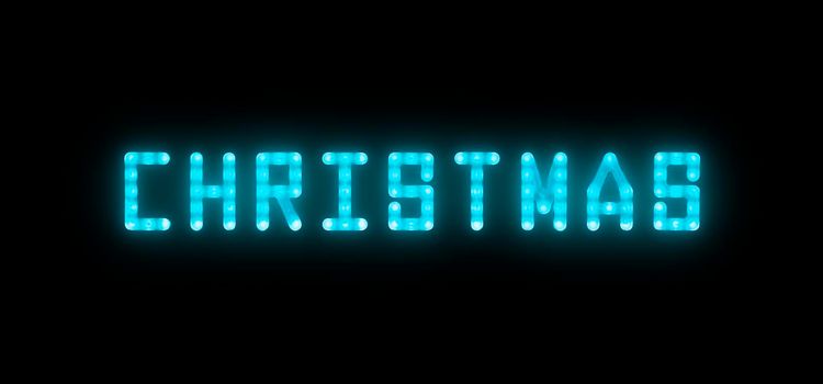 Close up blue neon glowing bright led light CHRISTMAS sign on black background