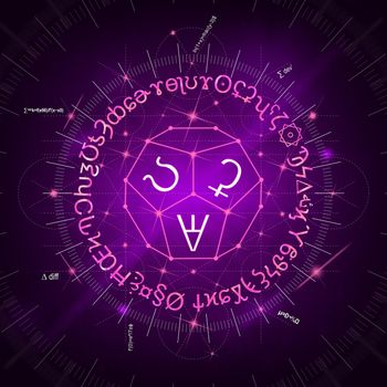 Abstract purple background of glowing magic spells, formulas, signs, clockwork and sacred symbols