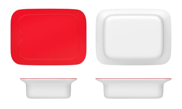 Blank cardboard food container with red lid. Top, bottom and side view.