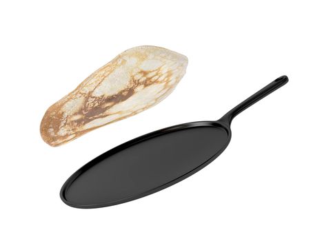 Frying pan with pancake, isolated on white background