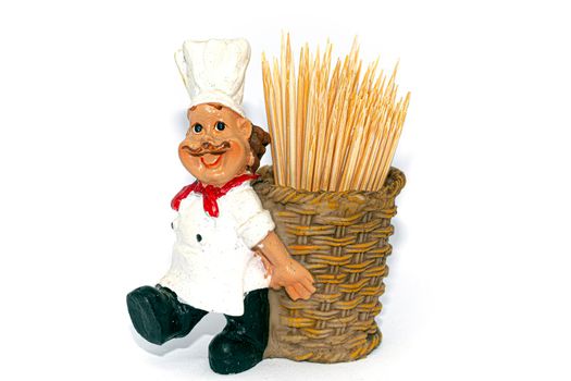 A cook with a basket full of toothpicks