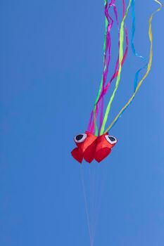 Kite in the shape of an octopus, with abstract lines in motion, in vivid colors, formed by wrinkled fabrics that float lightly on a solid color background.