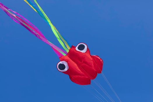 Kite in the shape of an octopus, with abstract lines in motion, in vivid colors, formed by wrinkled fabrics that float lightly on a solid color background.