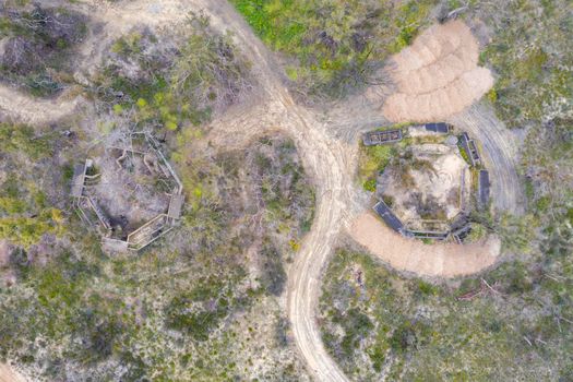 Aerial photograph of structural ruins and forest regeneration after bushfires near Clarence in the Central Tablelands in regional New South Wales in Australia