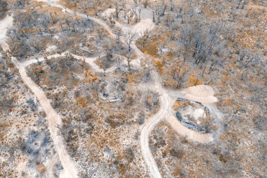 Aerial photograph of structural ruins and forest regeneration after bushfires near Clarence in the Central Tablelands in regional New South Wales in Australia