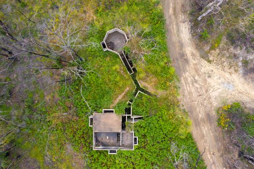 Aerial photograph of structural ruins and forest regeneration after bushfires near Clarence in the Central Tablelands in regional New South Wales in Australia