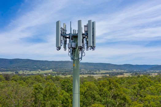 Aerial photograph of the communications bundle and structure on a telecommunications tower