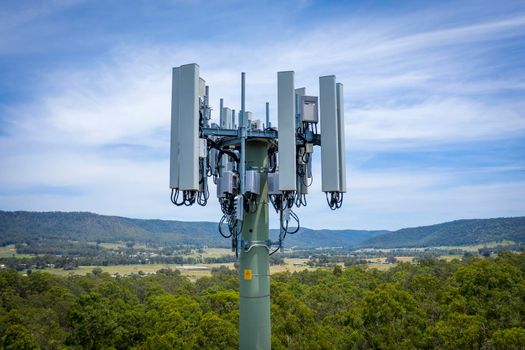 Aerial photograph of the communications bundle and structure on a telecommunications tower