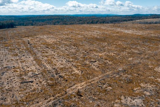 Aerial view of a cleared open field affected by bushfire in the Central Tablelands in regional New South Wales in Australia
