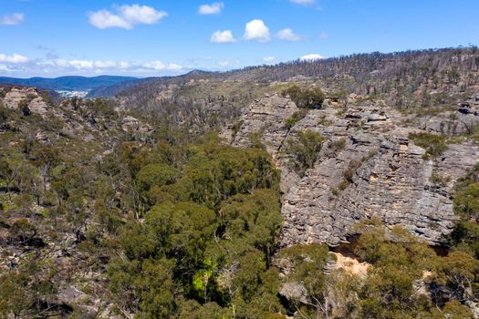 Aerial view of forest regeneration after bushfires in a large valley in the Central Tablelands in regional New South Wales in Australia