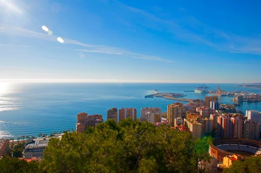 Beautiful view on the blue bay with houses and trees, mediterranean sea, Malaga, Spain