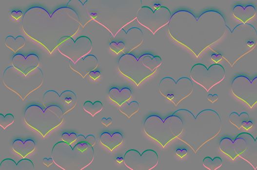 Multicolored heart shapes on the grey background, abstract