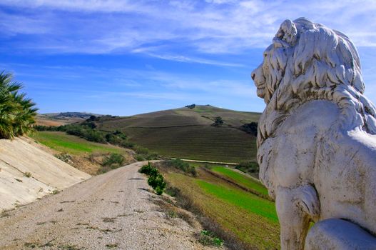 Long road in the green fields and sculpture of lion, Spain
