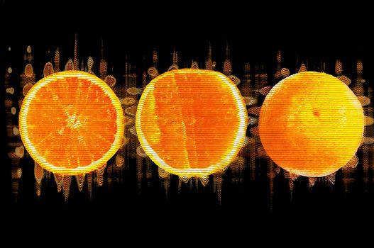 Three slices of orange with glitch and blur effects, black background