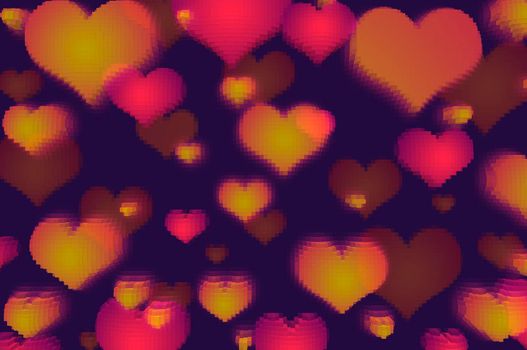 Multicolored different hearts, pixel effect, dark violet background