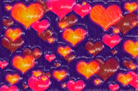 Multicolored different hearts, pencil drawing effect, dark violet background