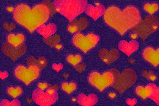 Multicolored different hearts, painted picture effect, dark violet background