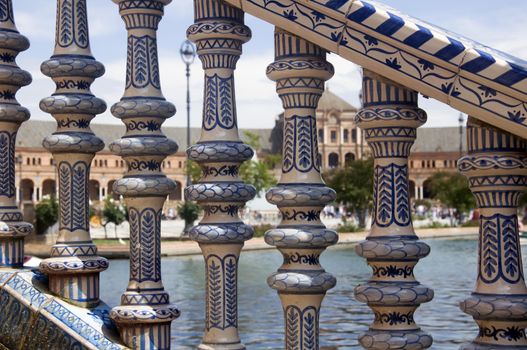 White and blue ceramic baluster in Spain Square, Seville, Spain