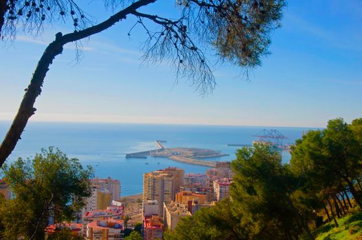 Beautiful view on the bay with houses and trees, mediterranean sea, Malaga, Spain