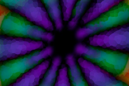 Violet, green, blue, yellow and black radial circle pattern, mosaic effect