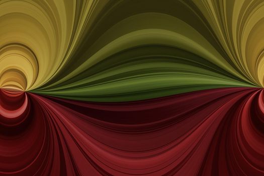 Red, green and yellow horizontal curved lines with spherical effect, abstract fantasy background, seamless pattern