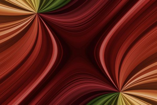 Red, green, orange and yellow curved lines, abstract fantasy background with fan effect