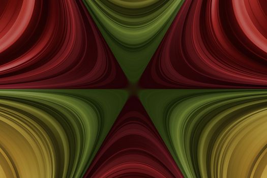 Red, orange, yellow, green curved lines with kaleidoscopic effect, bright multicolored abstract background