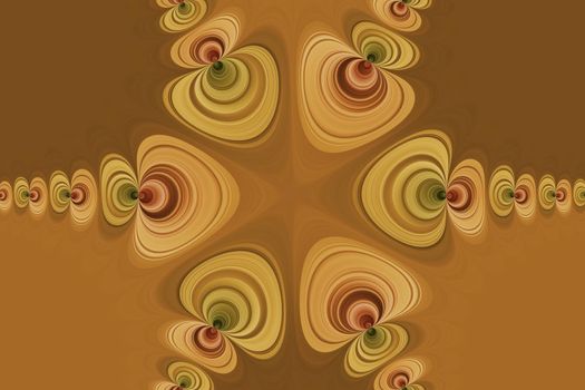 Big abstract yellow flower with green and red curved lines, kaleidoscopic effect, fantasy background