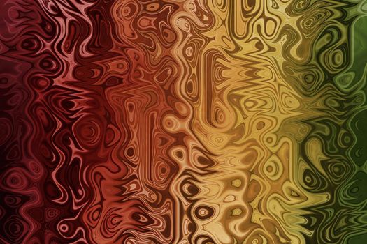 Abstract variegated background with concentric and sharp red, orange, yellow, green lines and shperes
