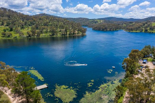 Aerial view of recreational Lake Lyell near Lithgow in regional New New South Wales Australia