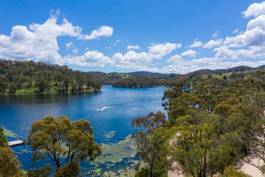 Aerial view of recreational Lake Lyell near Lithgow in regional New New South Wales Australia